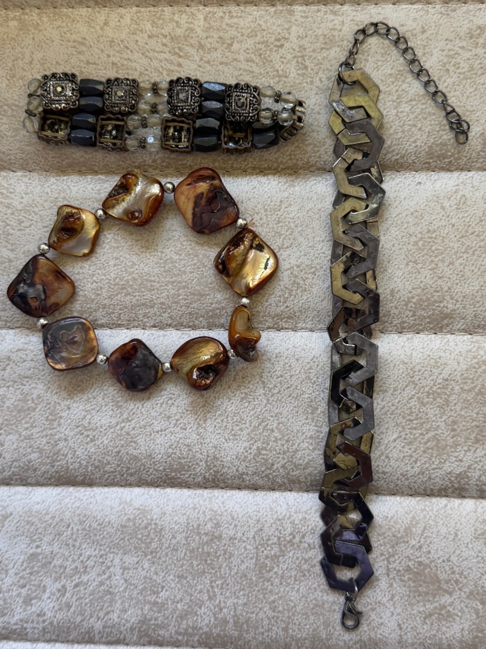 Vintage Style Earthy Bronze & Shell Bracelet Set - 3pc Boho Stack